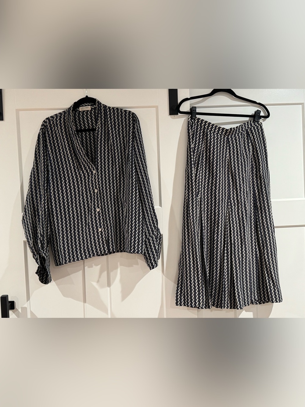 Vintage Calvin Klein Navy and White Patterned Silk Top and Skirt Set